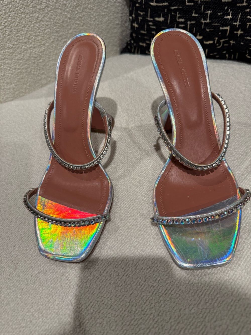 Amina Muaddi Gilda Iridescent Rhinestone Two-Strap Slide Sandals